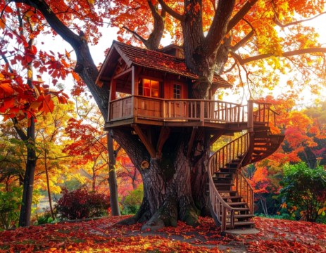 A whimsical treehouse nestled in vibrant autumn foliage, featuring winding stairs and 
