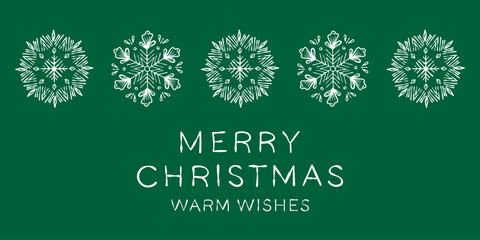 Christmas design for greeting card. White and green seamless snowflake border
