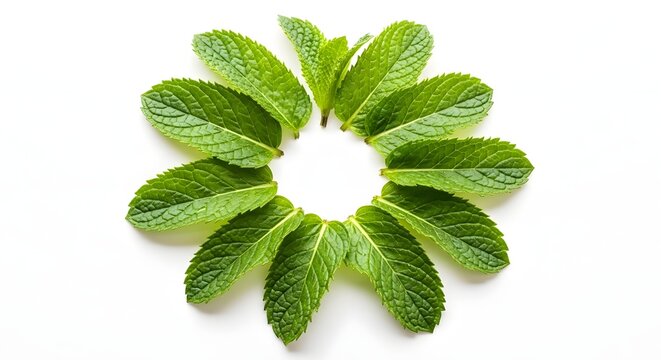 Fresh mint leaves arranged in a circle on a white background close up studio shot