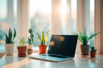 Sunny workspace with laptop and green plants on a cozy table