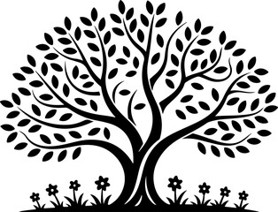 Obraz premium Stylized Black Tree with Leaves and Grass on White Background