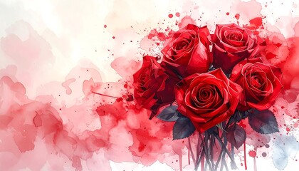Romantic red roses in a watercolor style