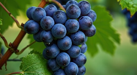 Closeup of a dark grape cluster on a vine with green leaves
