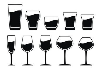 Eight glasses with straws and citrus slices icon set blackt 
