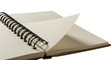 Ultra-macro close-up of an open, spiral-bound notebook, a light beige, textured paper page turning, with black wire binding & craft cover on gray background, concept of paper texture and pliability