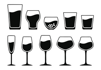 Eight glasses with straws and citrus slices icon set blackt 
