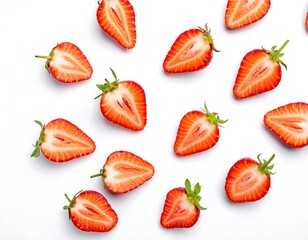 Fresh strawberry halves arranged in a pattern on a white background