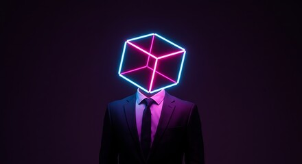 Businessman with neon cube over his head.