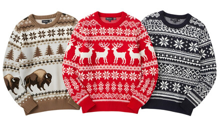 Three festive christmas sweaters with traditional nordic patterns and winter motifs like reindeer and buffalo, isolated on transparent background