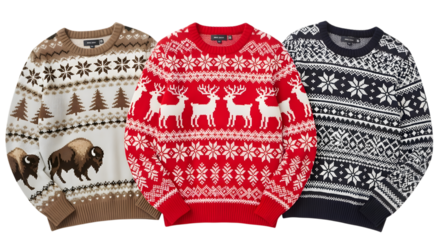 Three festive christmas sweaters with traditional nordic patterns and winter motifs like reindeer and buffalo, isolated on transparent background