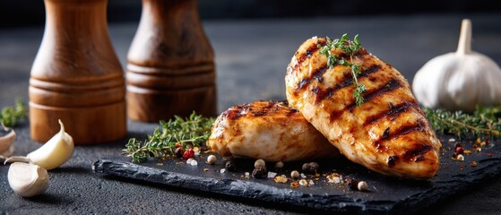 The juicy grilled chicken breast garnished with fresh herbs and spices.