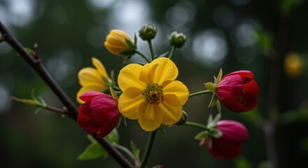 Yellow and red flowers on a branch