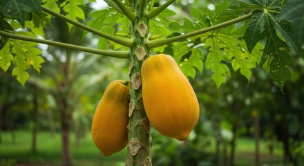 Two ripe papayas hang from a tree with large green leaves