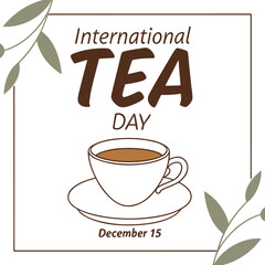 Photorealistic International Tea Day Poster with Teacup, Green Leaves, and Typography