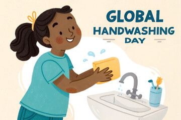 Global Handwashing Day illustration of smiling child washing hands with soap under faucet, promoting hygiene, health, and handwashing awareness. generative ai