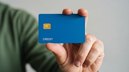Close up of hand holding blue credit card symbolizing finance and payment methods