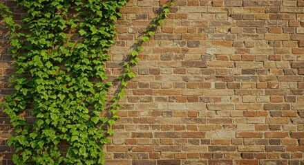 Lush green ivy climbs a textured brick wall