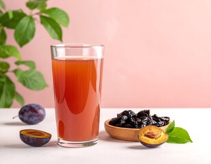 Plum juice in glass, healthy drink
