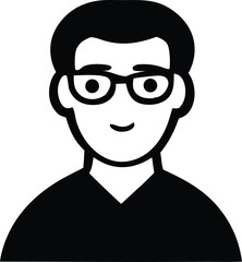 Simple black and white icon of a person wearing glasses with a friendly smile and short hair