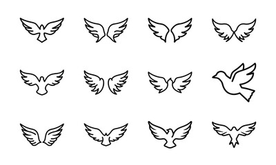 Birdhouse and Bird Icons Collection – Flying Birds, Bird Wings, Birdhouse Outline, and Minimalist Bird Line Art on White Background