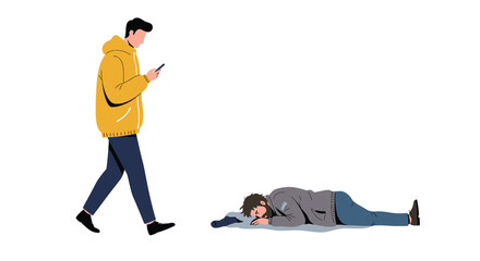 Fototapeta premium Indifference illustration: man using phone ignoring a homeless person