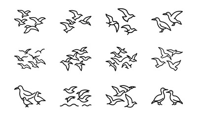 Birdhouse and Bird Icons Collection – Flying Birds, Bird Wings, Birdhouse Outline, and Minimalist Bird Line Art on White Background