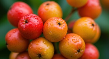 Closeup of bright red and orange berries covered in water droplets on a branch
