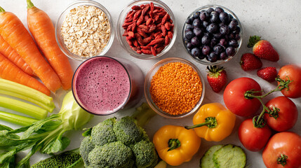 Healthy Fresh Vegetables, Fruits, and Smoothie with Oats and Lentils on White Background