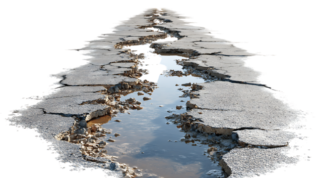 Cracked asphalt road with water puddle, isolated on transparent background