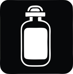 Simple white icon of a potion bottle with a cap and blank label against a solid dark square background representing liquid or medical storage