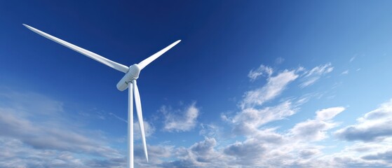 The wind turbine soaring against a bright blue sky with fluffy clouds.