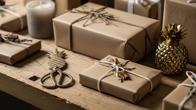 Gifts wrapped in brown paper with natural decor a candle and pineapple scissors on a rustic wooden surface