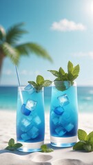 Refreshing blue cocktails with mint on a sandy beach shore