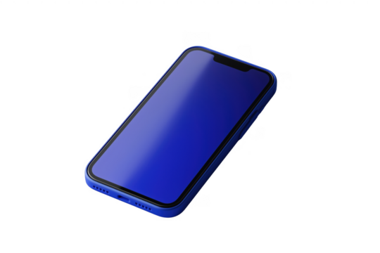 Modern smartphone displaying blue screen isolated against transparent background high angle view