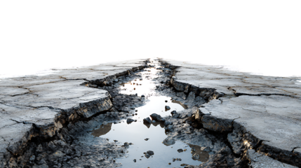 Damaged asphalt road with deep cracks and water, isolated on transparent background