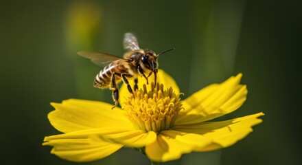 A bee hovers over a bright yellow flower its proboscis extended
