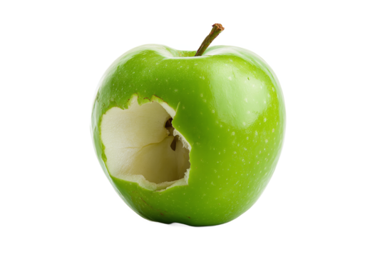 Green apple with a bite, isolated on white transparent background