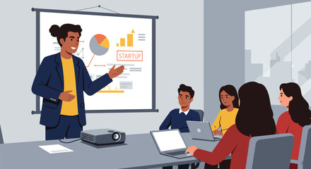 Energetic entrepreneur pitch presentation to investors in modern conference room