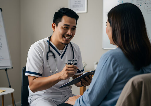 Smiling doctor discusses medical results with a patient, providing reassurance and clear explanations during a consultation