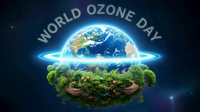 Protecting our planet's vibrant future, hands cradle Earth's lush biosphere with glowing ozone layer