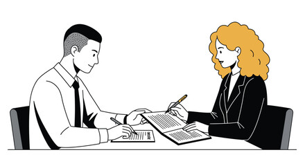 Two professionals sealing the deal with a contract agreement illustration