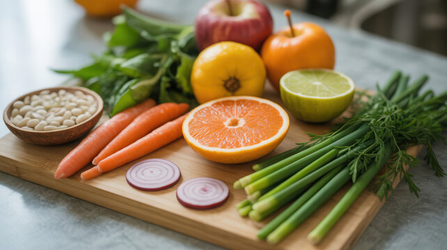 Close-up of fresh fruits and vegetables on wooden cutting board, healthy food concept