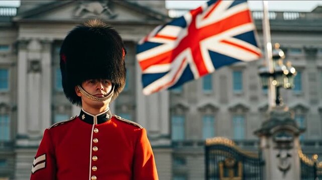 Close up footage of british royal guard in traditional uniform outside historic palace with union jack flag waving