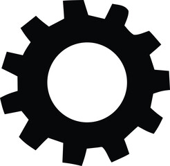 Close-up silhouette of a black gear with prominent teeth and a central white circular cutout representing precision engineering and industrial machinery.
