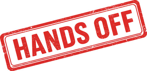 Rectangular red rubber stamp with "hands off" text in white bold letters isolated on transparent background