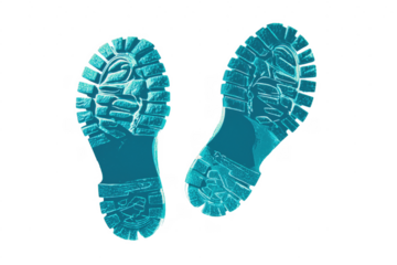 Neon blue illumination of two isolated shoe sole prints on a transparent background