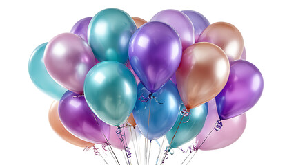 Large cluster of vibrant metallic balloons isolated on transparent background
