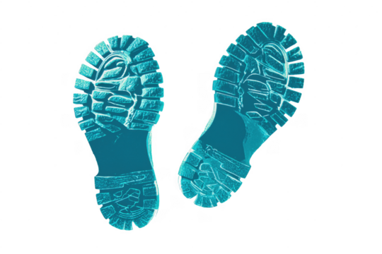 Neon blue illumination of two isolated shoe sole prints on a transparent background