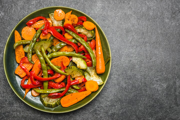 Plate of stir fry vegetables, top view