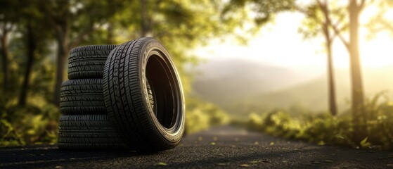 The stack of tires resting on a serene forest road during sunrise.